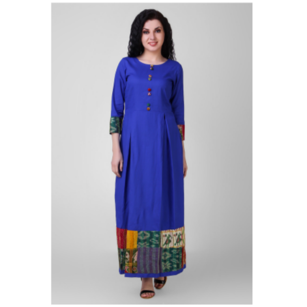 blue pleated cotton silk dress with kantha embroidery